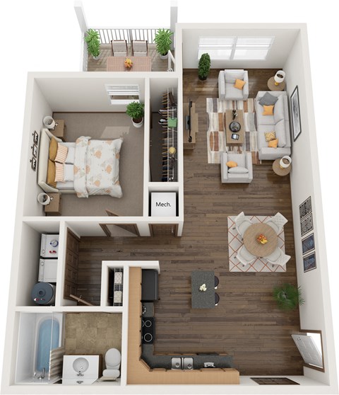 Floor plan for 1 bed, 1 bath, 845 sqft
